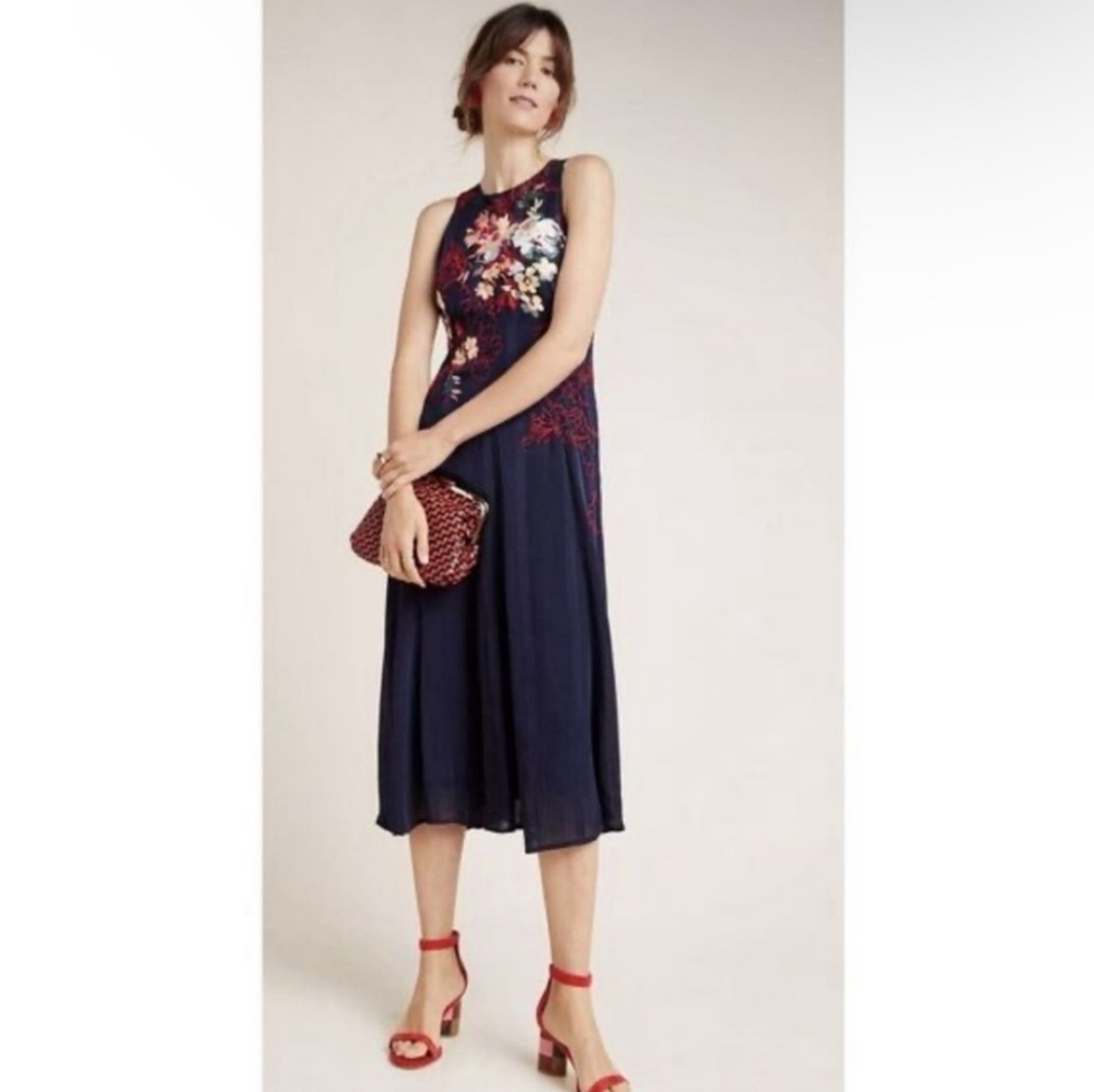Anthropologie Tanzine Midi Dress Sleeveless Embroidered Floral Boho Navy Red 18W - Picture 1 of 14